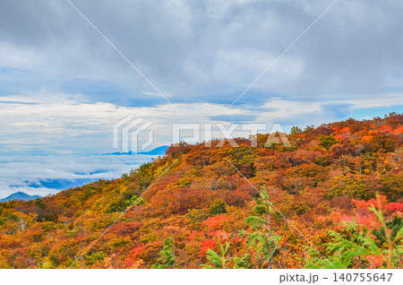 秋の曇天 紅葉最盛期の栗駒山・登山道から望む美しい紅葉と眼下に広がる雲海風景 秋の曇天 紅葉最盛期の栗駒山・登山道から望む美しい紅葉と眼下に広がる雲海風景 140755647