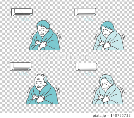 一組插圖描繪了人們(男人、女人和老年人)因空調而瑟瑟發抖的情景。 一組插圖描繪了人們(男人、女人和老年人)因空調而瑟瑟發抖的情景。 140755732