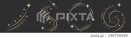 Gold Sparkle Trail Set on Dark Background, Luxury Celestial Swirl, Arc and Magic Dust Elements, Minimal Vector Twinkle Paths for Elegant Decoration, Logo, Invitation and Graphic Design 140756084