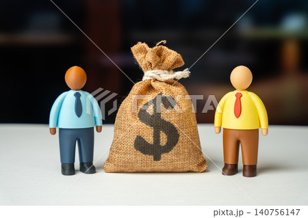 Two businessmen and a dollar money bag. Deal and transaction. Concluding a contract. Business partnership, joint project, and investment. 140756147