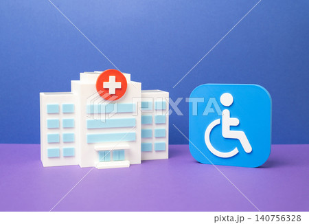 Hospital and symbol for a person with disabilities. Medical care and rehabilitation. Medical therapy and prosthetic programs. Hospital and symbol for a person with disabilities. Medical care and rehabilitation. Medical therapy and prosthetic programs. 140756328