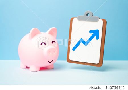 The piggy bank is pleased with the financial report showing increased income and savings. A good financial position with prospects for growth. The piggy bank is pleased with the financial report showing increased income and savings. A good financial position with prospects for growth. 140756342