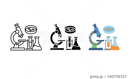 Laboratory microscope and chemistry glassware icon set outline silhouette and color vector isolated on white background Laboratory microscope and chemistry glassware icon set outline silhouette and color vector isolated on white background 140756357