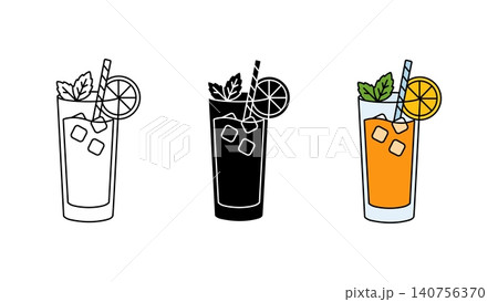 Iced cocktail drink with orange slice icon set outline silhouette and color vector isolated on white background 140756370
