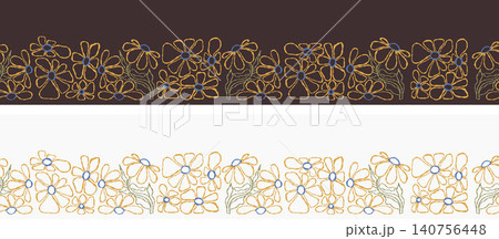 Seamless Floral Border Matisse Inspired Abstract Flowers Hand-Drawn Set. Botanical Outlines Texture On Dark and Light Background. Isolated Horizontal Pattern. Vector Illustration 140756448