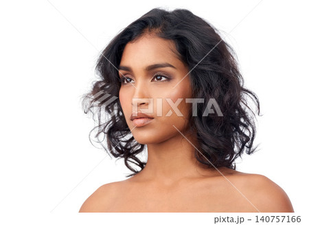 Skincare, beauty and makeup for Indian woman, luxury and cosmetology on white background. Face, confidence and cosmetic for female model, hairstyle and salon treatment for dermatology in studio 140757166