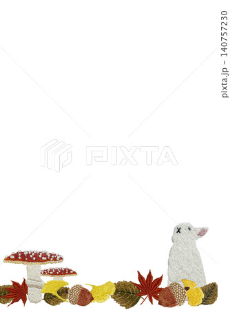 【ウサギとキノコと落ち葉とドングリの縦フレーム】手刺繍イラスト素材 【ウサギとキノコと落ち葉とドングリの縦フレーム】手刺繍イラスト素材 140757230