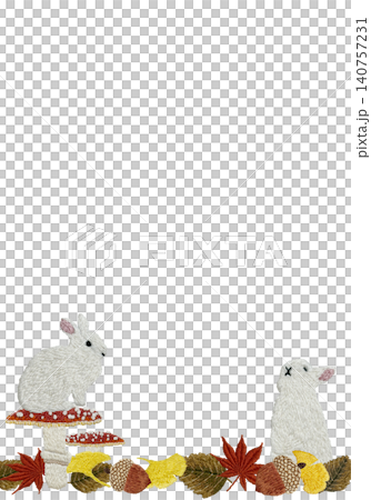 [垂直框，圖案為兔子、蘑菇、落葉和橡實] 手工刺繡插畫材料 140757231