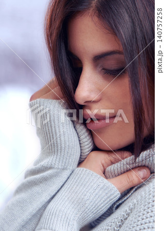 Winter, closeup and profile of woman for fashion with turtle neck, jersey and warm top outdoor in nature. Female person, Mexican lady and gen z girl with beauty for style, clothes and cold in snow 140757258