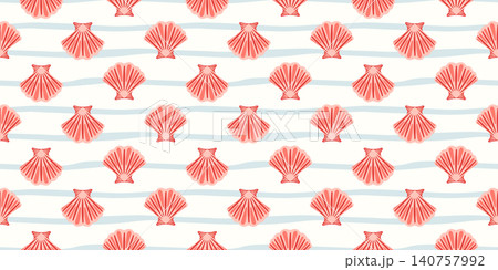 Pink scallop seashells seamless pattern with pale blue color waves.  Summer beach concept nautical design for textiles, wallpaper, wrapping paper, backgrounds and stationery, seaside decor 140757992