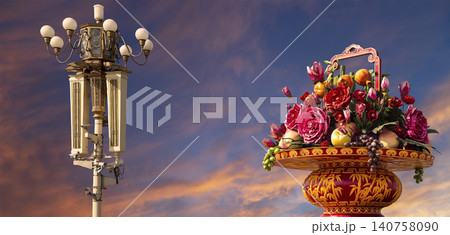 Street lamp and huge flower basket (against the sunset) in Tiananmen square, Beijing, China Street lamp and huge flower basket (against the sunset) in Tiananmen square, Beijing, China 140758090