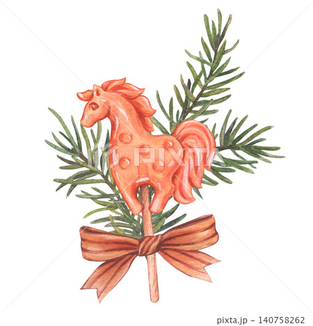 Amber-orange lollipop in the shape of horse on wooden stick. The candy is decored spruce branches and tied satin bow. Watercolor illustration is isolated on white background. Ideal for holiday decor. 140758262