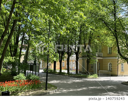 Pathway in park with lush green trees and flowerbeds, sunlight creating a serene background Pathway in park with lush green trees and flowerbeds, sunlight creating a serene background 140759243