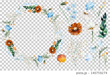 Watercolor oval frame and elements clipart with blue, ivory and orange flowers for event stationery 140759274