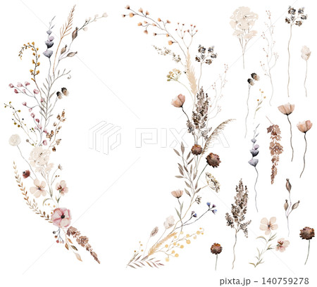 Floral wreath made with watercolor brown wildflowers and leaves, autumn wedding illustration 140759278