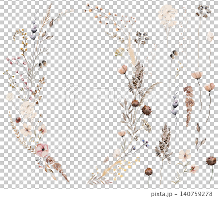 Floral wreath made with watercolor brown wildflowers and leaves, autumn wedding illustration 140759278