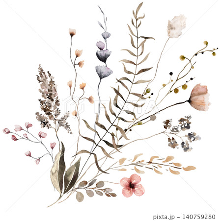 Floral bouquet made with watercolor brown wildflowers and leaves, autumn wedding illustration 140759280