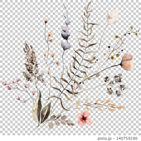 Floral bouquet made with watercolor brown wildflowers and leaves, autumn wedding illustration 140759280