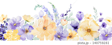 Watercolor floral border with light purple and yellow flowers, isolated illustration for wedding stationery 140759281