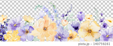 Watercolor floral border with light purple and yellow flowers, isolated illustration for wedding stationery 140759281