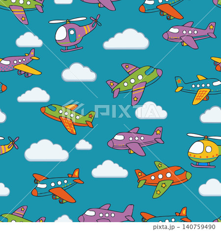 Cute kids vector seamless pattern featuring colorful toy aircraft, airplanes, and helicopters flying in a cloudy sky. Perfect for nursery textile. 140759490