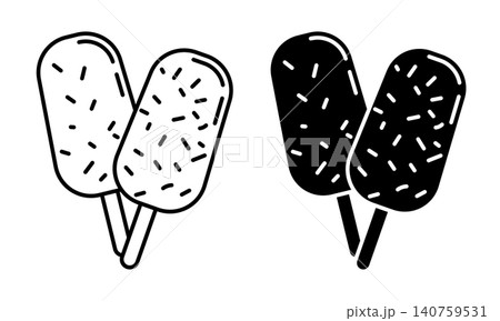 Linear icon. Pair of glazed ice cream sticks with crunchy toppings. Simple black and white vector symbol isolated on white background Linear icon. Pair of glazed ice cream sticks with crunchy toppings. Simple black and white vector symbol isolated on white background 140759531