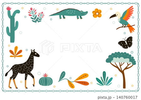 Jungle-themed frame with animals, plants, and empty center space for a customizable background 140760017