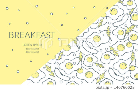 Yellow breakfast-themed background with eggs, sausages, and lettuce pattern and copy space. Yellow breakfast-themed background with eggs, sausages, and lettuce pattern and copy space. 140760028