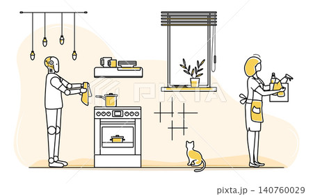 Robot and woman cleaning kitchen with cat observing, illustrating future technology concept 140760029