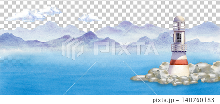 Horizontal composition with a lighthouse on a rocky island. Watercolor illustration on an isolated background. For website headers, travel banners, and coastal home decor prints. Horizontal composition with a lighthouse on a rocky island. Watercolor illustration on an isolated background. For website headers, travel banners, and coastal home decor prints. 140760183