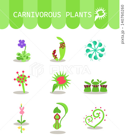食虫植物のフラットイラスト9個セット。ウツボカズラ・ハエトリソウなど。アイコン風ベクター素材。 140760260