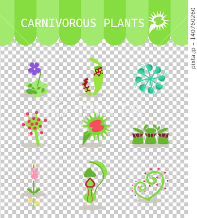 食虫植物のフラットイラスト9個セット。ウツボカズラ・ハエトリソウなど。アイコン風ベクター素材。 140760260
