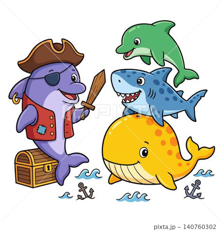 Cute cartoon pirate dolphin on a treasure chest holding a sword with a shark, a whale and a dolphin. Cute cartoon pirate dolphin on a treasure chest holding a sword with a shark, a whale and a dolphin. 140760302