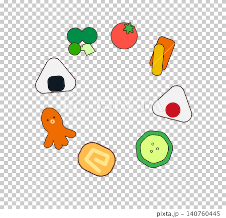 Illustrations of rice balls and side dishes for a bento box (with outlines) Illustrations of rice balls and side dishes for a bento box (with outlines) 140760445
