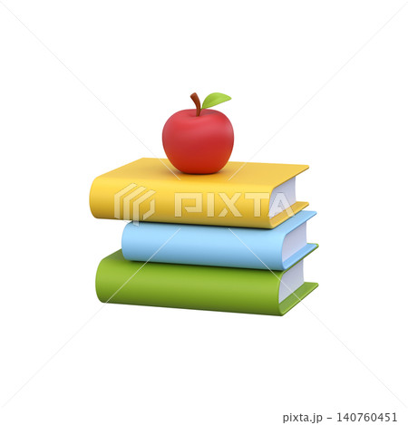 3D illustration of a stack of school books with an apple for education and classroom concepts. 140760451