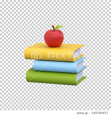 3D illustration of a stack of school books with an apple for education and classroom concepts. 140760451