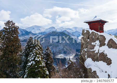 冬の山形県山形市 雪の立石寺(山寺) 納経堂 冬の山形県山形市 雪の立石寺(山寺) 納経堂 140760577