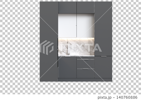 modern kitchen isolated on transparent background, home furniture, 3D illustration, cg render 140760886