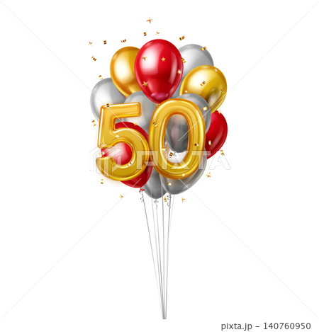 Fifty celebration balloons and confetti. 140760950