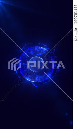 Neon glowing blue abstract sphere animation, vertical futuristic particle field background, digital technology motion graphic with circular plasma ring 140761135
