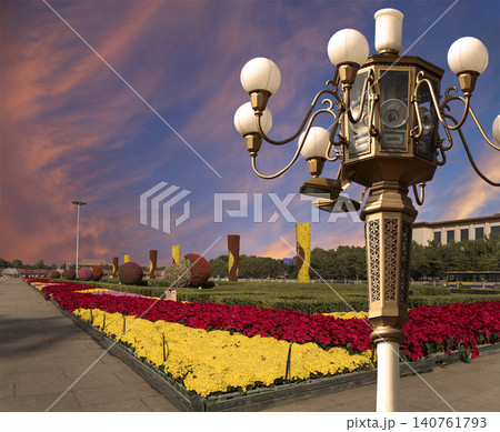 Street lamp on Tiananmen Square in Beijing, China (against the sunset), with propaganda or public announcement speakers Street lamp on Tiananmen Square in Beijing, China (against the sunset), with propaganda or public announcement speakers 140761793