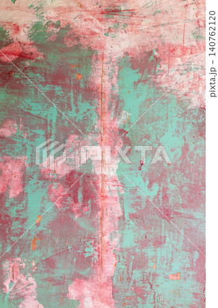 Abstract grunge painted wall texture in pastel pink and turquoise colors. Distressed vintage background with layered brush strokes, weathered surface, peeling paint details, artistic shabby chic style Abstract grunge painted wall texture in pastel pink and turquoise colors. Distressed vintage background with layered brush strokes, weathered surface, peeling paint details, artistic shabby chic style 140762120