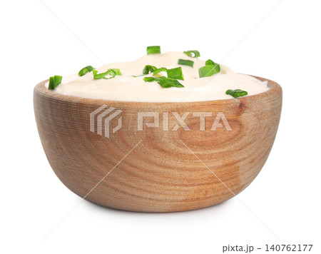 Fresh sour cream with onion on white background 140762177