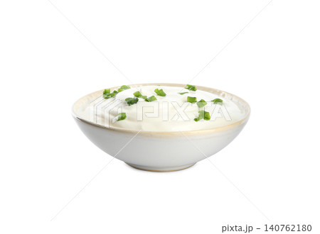 Fresh sour cream with onion on white background Fresh sour cream with onion on white background 140762180