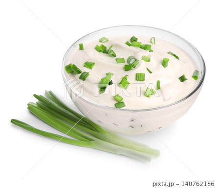 Fresh sour cream with onion on white background Fresh sour cream with onion on white background 140762186