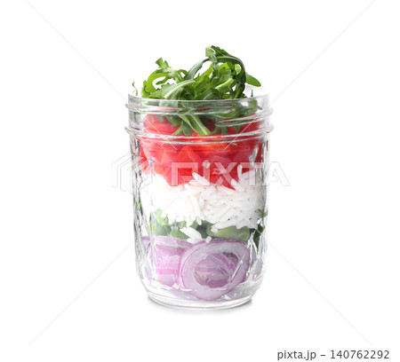 Healthy salad in glass jar isolated on white Healthy salad in glass jar isolated on white 140762292