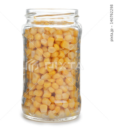 Glass jar with pickled corn isolated on white Glass jar with pickled corn isolated on white 140762298