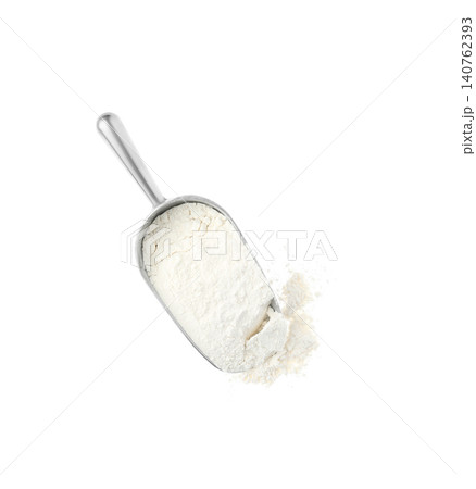Scoop with flour isolated on white, top view Scoop with flour isolated on white, top view 140762393