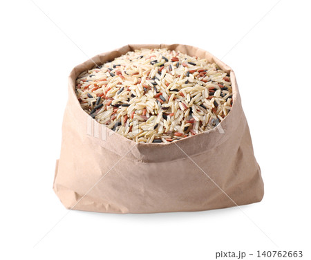 Mix of brown rice in paper bag isolated on white Mix of brown rice in paper bag isolated on white 140762663