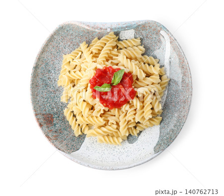 Tasty pasta with tomato sauce and basil isolated on white, top view 140762713
